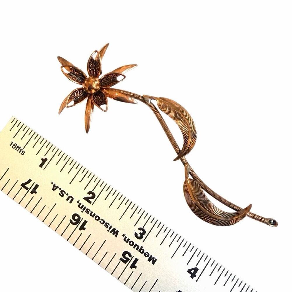 Vintage Solid Copper Long Stem Floral Brooch - image 7